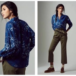 Pilcro Anthropologie The Tavi Blue Ruffled Button Down Blouse